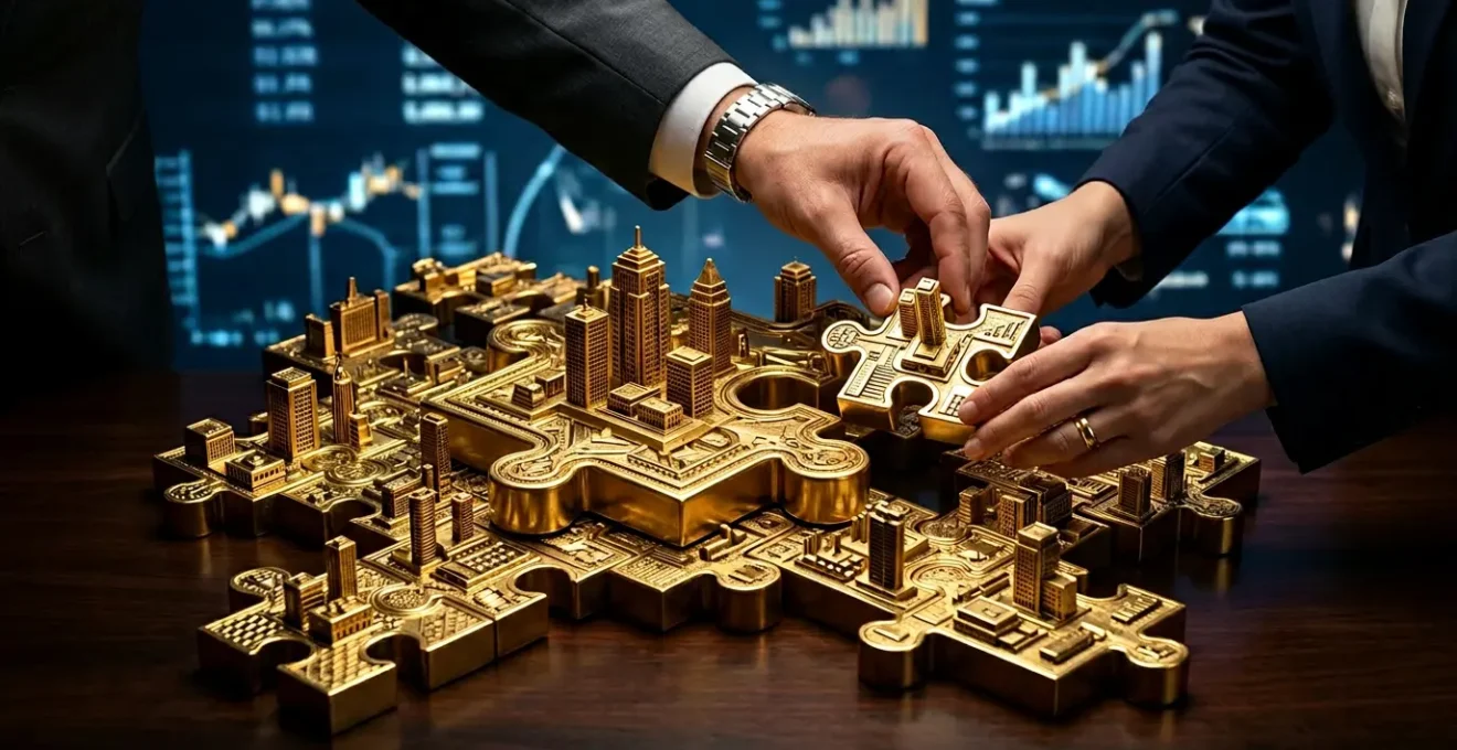 Puzzle d'entreprise avec pièces dorées représentant une structure de holding