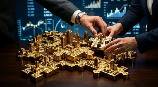 Puzzle d'entreprise avec pièces dorées représentant une structure de holding