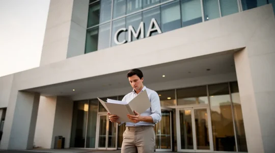 Entrepreneur examinant un dossier administratif devant la façade de la Chambre des Métiers et de l'Artisanat