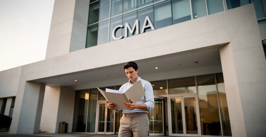 Entrepreneur examinant un dossier administratif devant la façade de la Chambre des Métiers et de l'Artisanat