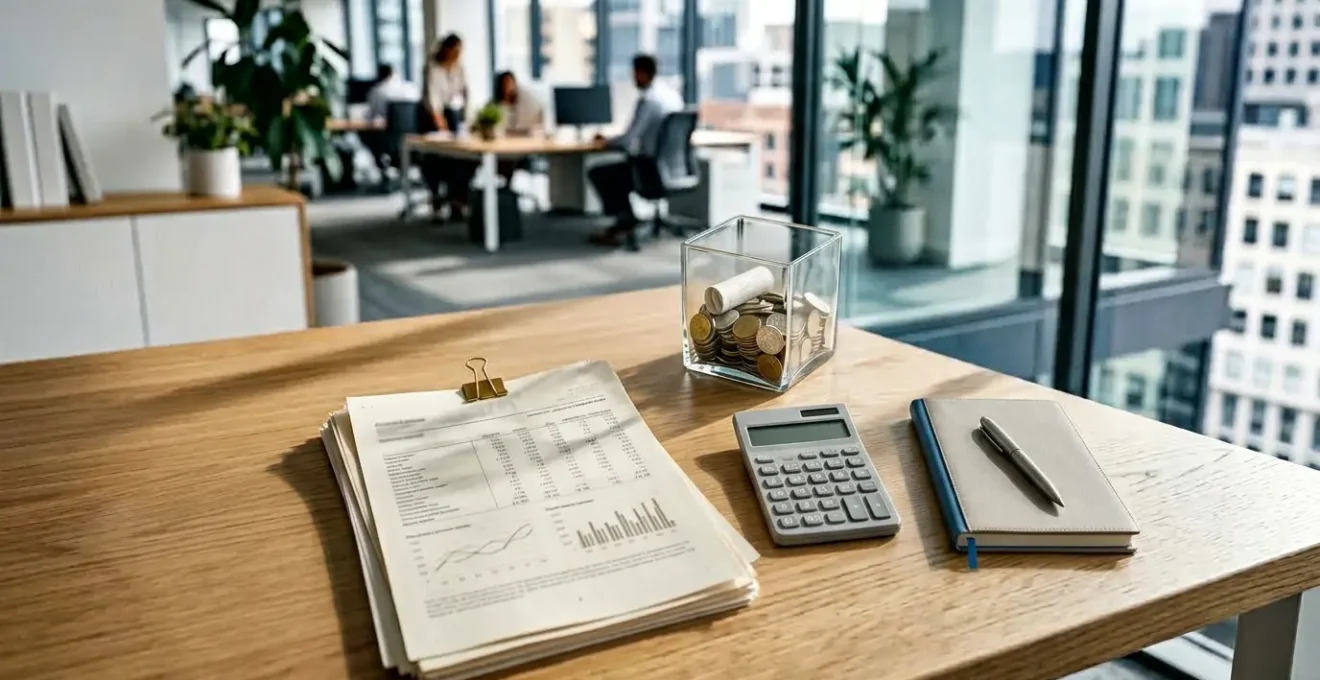 Concept de stratégie financière illustré par un bureau moderne avec documents financiers et calculatrice