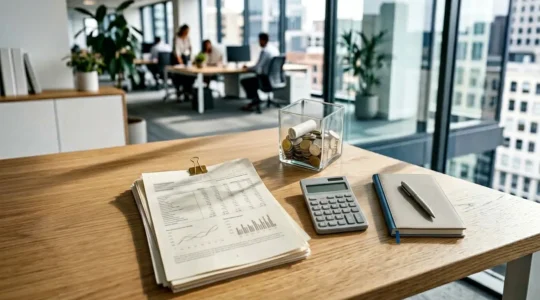 Concept de stratégie financière illustré par un bureau moderne avec documents financiers et calculatrice