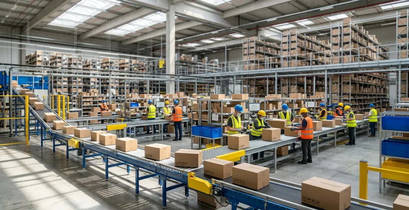 Vue d'un entrepôt logistique moderne avec système de tri automatisé et préparation de commandes