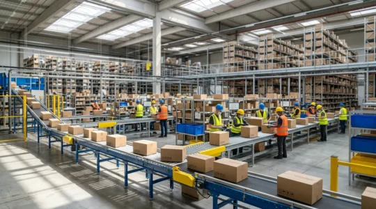 Vue d'un entrepôt logistique moderne avec système de tri automatisé et préparation de commandes