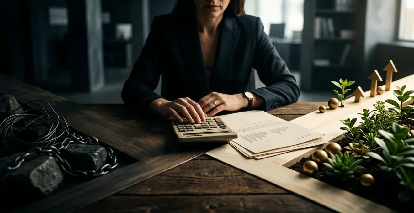 Entrepreneur analysant des documents financiers avec calculatrice et graphiques de rentabilité