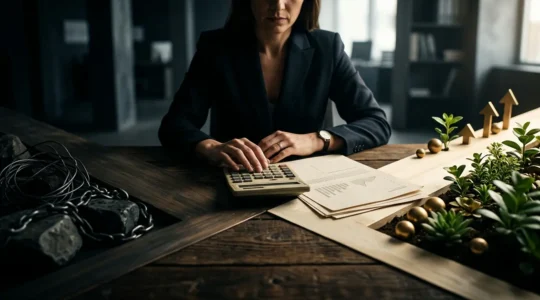 Entrepreneur analysant des documents financiers avec calculatrice et graphiques de rentabilité