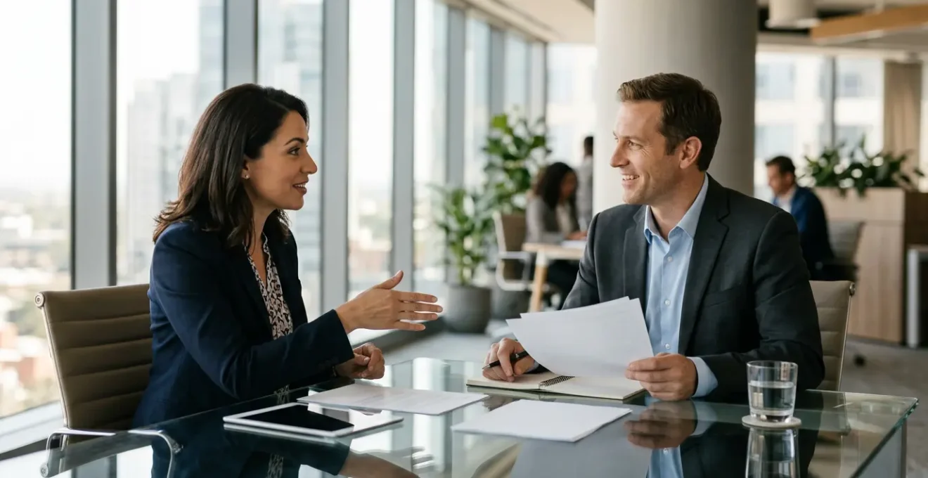 Négociation professionnelle entre acheteur et fournisseur dans un bureau moderne