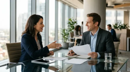 Négociation professionnelle entre acheteur et fournisseur dans un bureau moderne