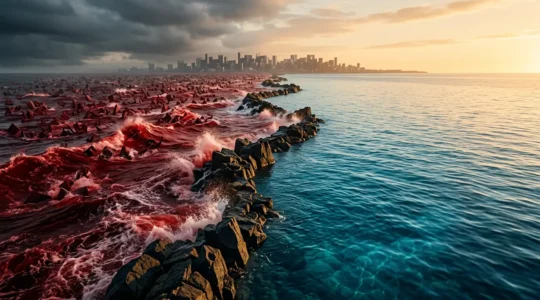 Espace stratégique vierge représenté par un océan bleu calme contrastant avec des eaux agitées rouges, métaphore d'un marché français saturé