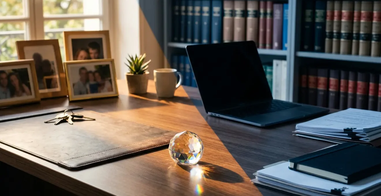 Vue architecturale d'un bureau d'entrepreneur avec une balance symbolisant l'équilibre entre vie professionnelle et personnelle