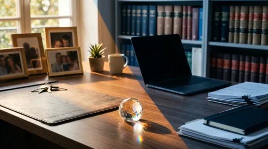 Vue architecturale d'un bureau d'entrepreneur avec une balance symbolisant l'équilibre entre vie professionnelle et personnelle