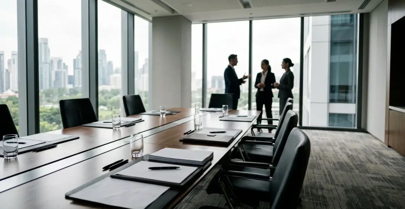 Bureau moderne avec documents juridiques et réunion professionnelle en arrière-plan