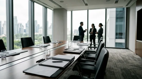 Bureau moderne avec documents juridiques et réunion professionnelle en arrière-plan