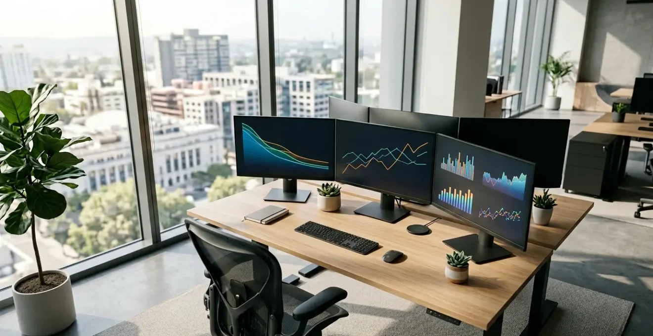 Vue d'ensemble d'un espace de travail moderne avec tableaux de bord financiers affichant des courbes descendantes de coûts