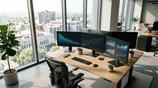 Vue d'ensemble d'un espace de travail moderne avec tableaux de bord financiers affichant des courbes descendantes de coûts