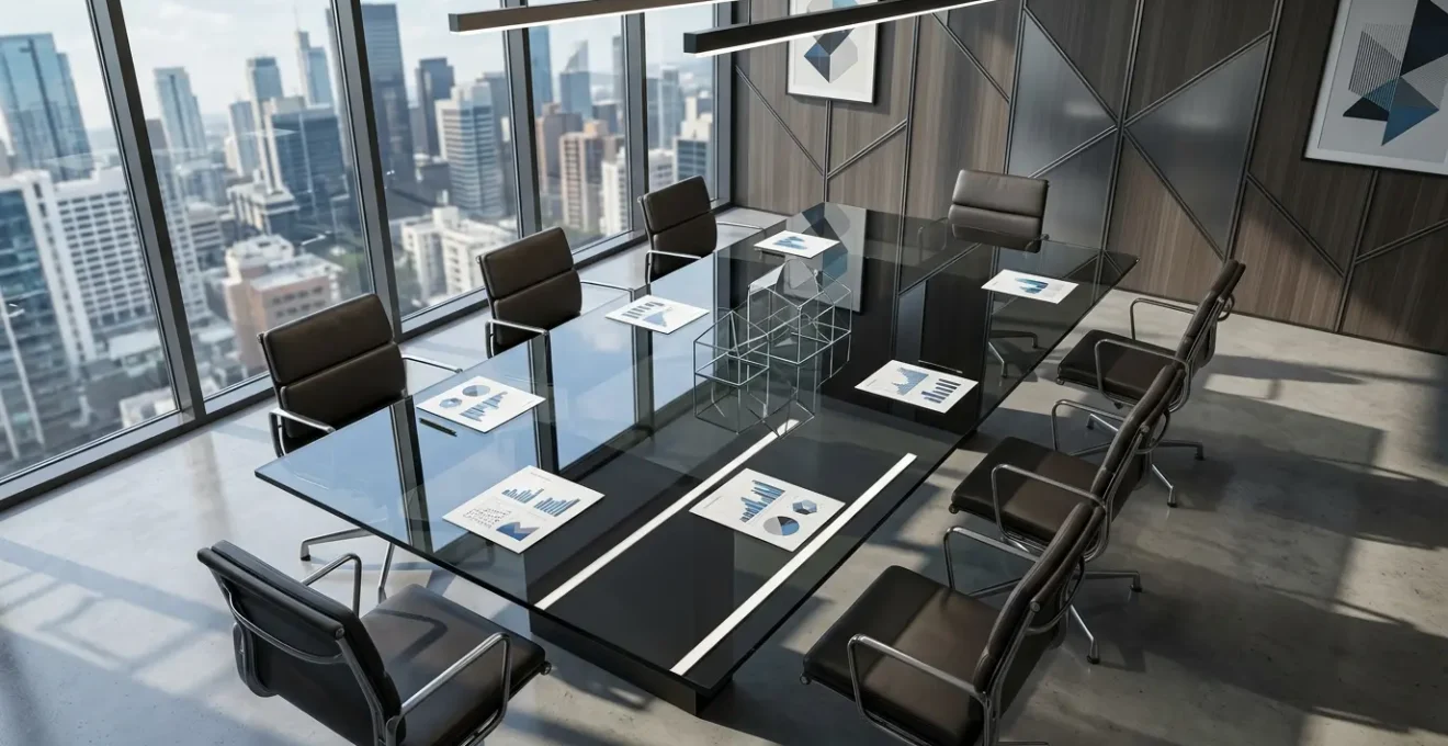 Vue en plongée d'un bureau moderne avec documents financiers et graphiques représentant la structure d'un groupe d'entreprises