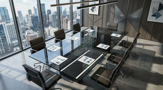 Vue en plongée d'un bureau moderne avec documents financiers et graphiques représentant la structure d'un groupe d'entreprises