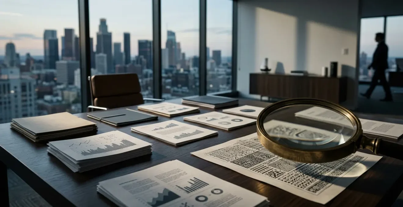 Environnement de bureau sophistiqué avec documents d'analyse et loupe révélant des détails cachés lors d'une due diligence d'entreprise