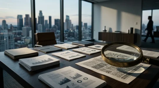 Environnement de bureau sophistiqué avec documents d'analyse et loupe révélant des détails cachés lors d'une due diligence d'entreprise
