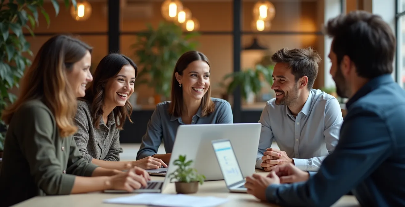 Groupe d'entrepreneurs en discussion collaborative dans un espace de coworking moderne