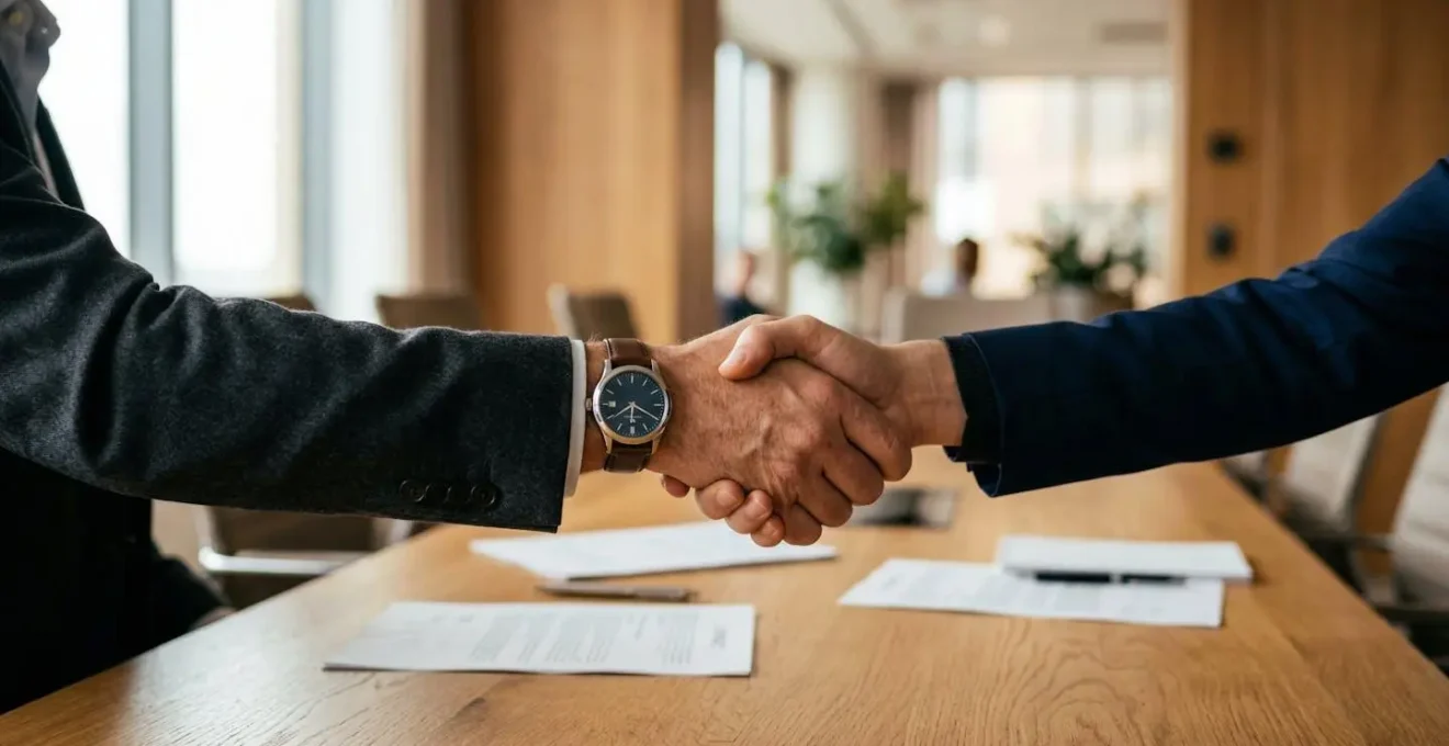 Mains d'entrepreneur et de bailleur se serrant au-dessus d'une table avec documents contractuels flous en arrière-plan