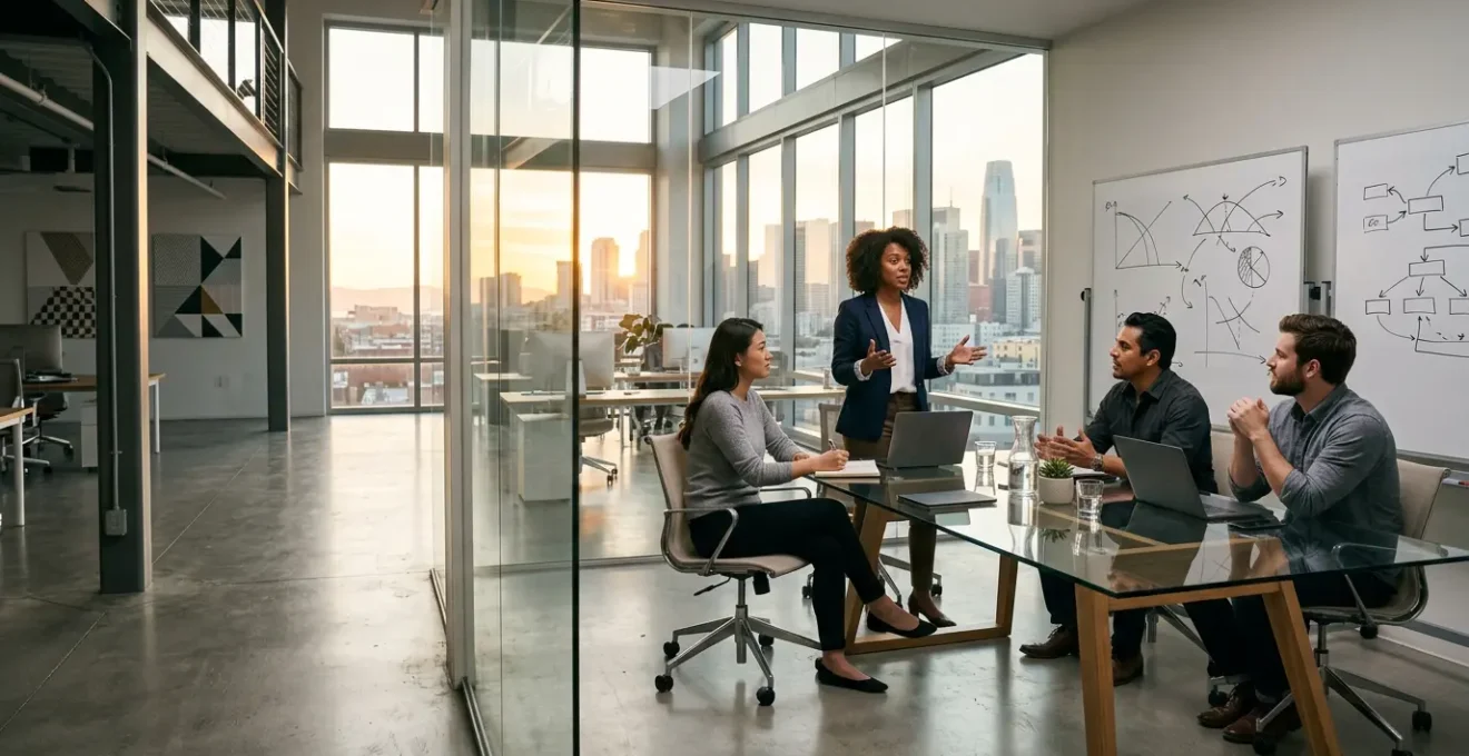 Entrepreneur analysant des métriques sur un bureau minimaliste