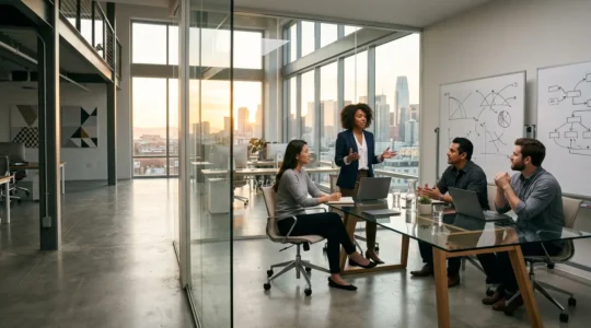 Entrepreneur analysant des métriques sur un bureau minimaliste