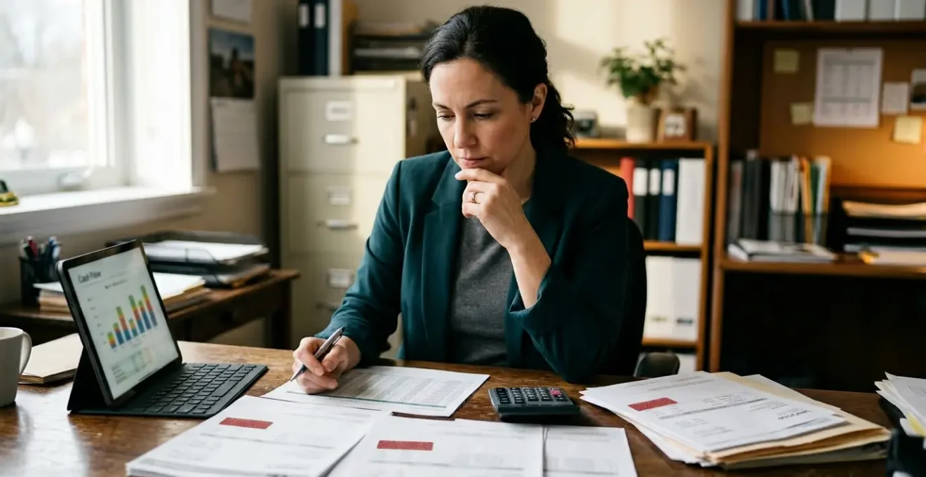 Dirigeant de TPE analysant sa trésorerie face à des impayés clients dans son bureau