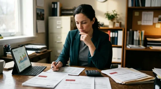 Dirigeant de TPE analysant sa trésorerie face à des impayés clients dans son bureau