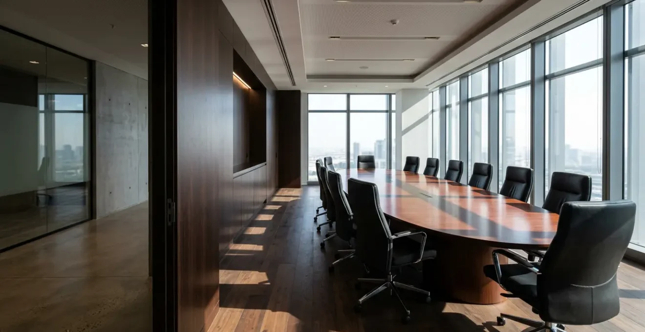 Salle de conseil d'administration moderne avec table en bois et sièges vides, symbolisant la transformation d'entreprise