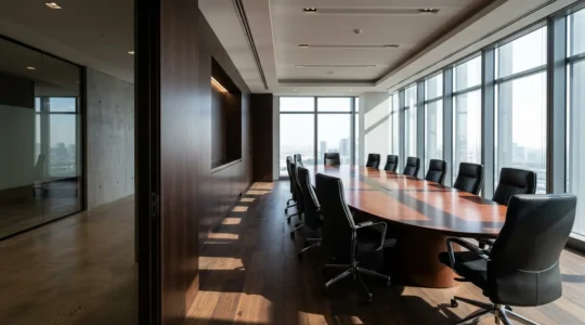 Salle de conseil d'administration moderne avec table en bois et sièges vides, symbolisant la transformation d'entreprise