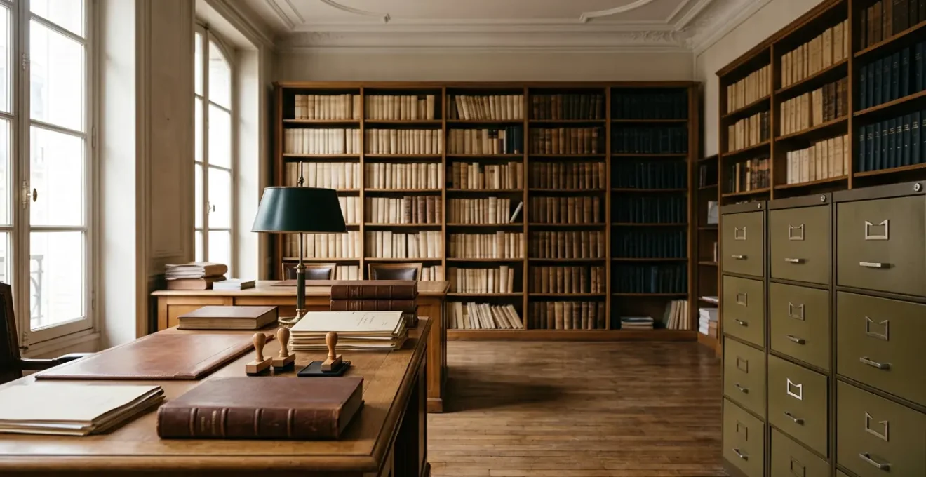 Vue large d'un bureau de greffe avec documents juridiques et tampons officiels