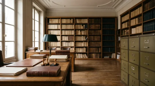 Vue large d'un bureau de greffe avec documents juridiques et tampons officiels