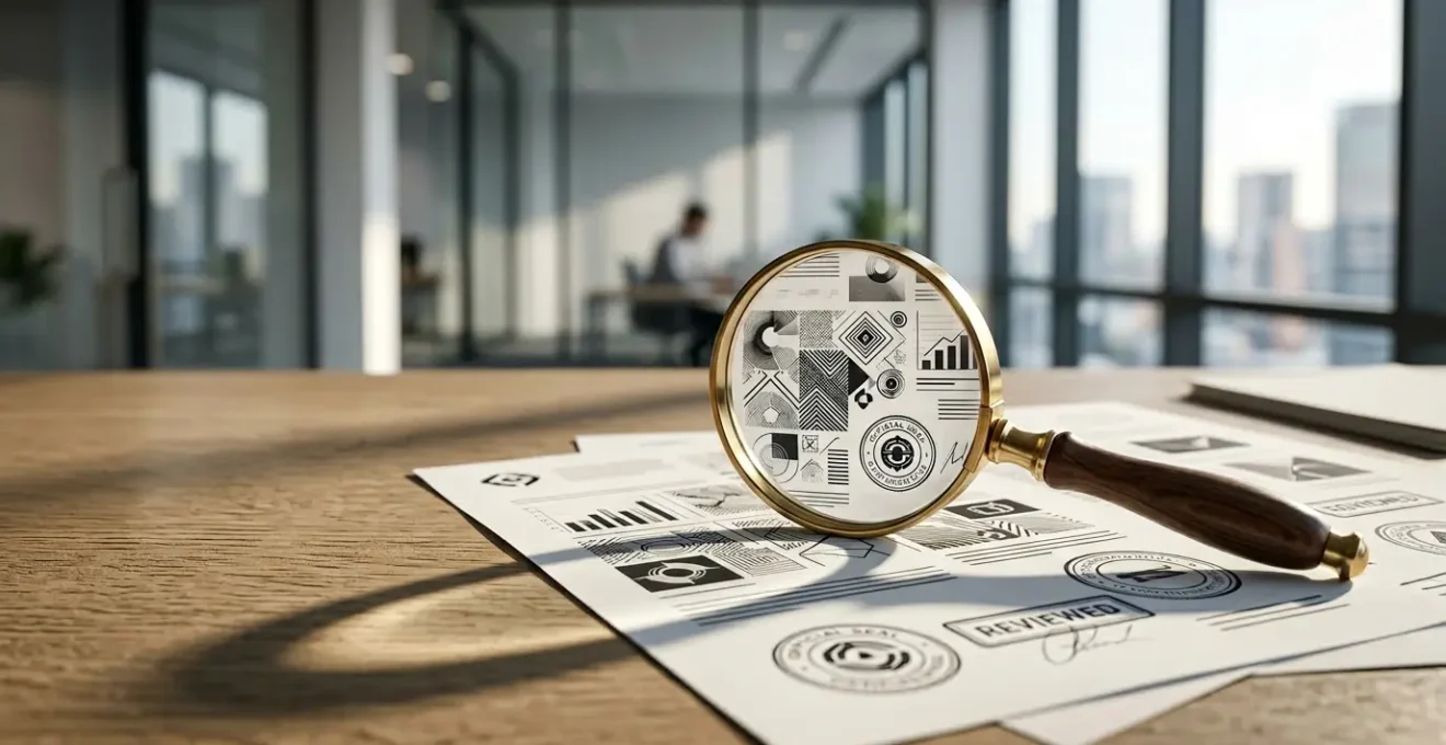 Vérification documentaire d'un avis de constitution d'entreprise avec loupe et documents officiels