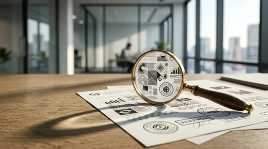 Vérification documentaire d'un avis de constitution d'entreprise avec loupe et documents officiels