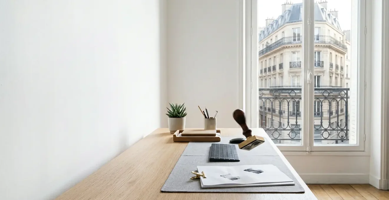 Bureau moderne avec écran d'ordinateur vu de profil affichant des données floues, documents administratifs organisés et main tenant un tampon officiel