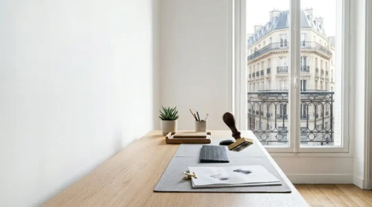 Bureau moderne avec écran d'ordinateur vu de profil affichant des données floues, documents administratifs organisés et main tenant un tampon officiel