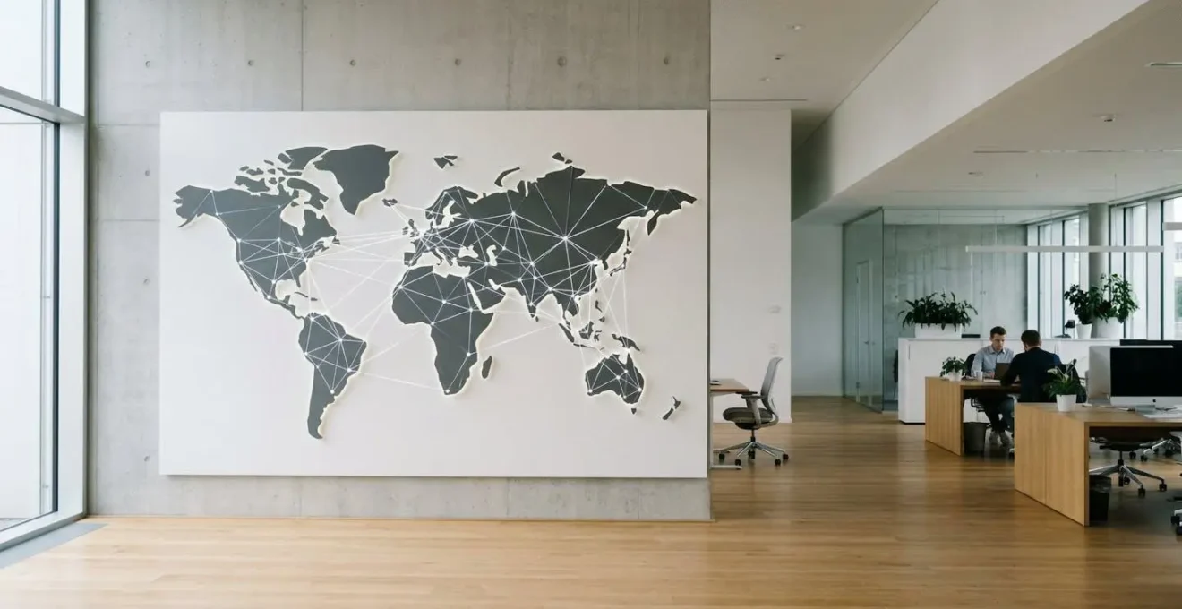 Carte mondiale stylisée avec réseaux de connexions d'entreprises internationales
