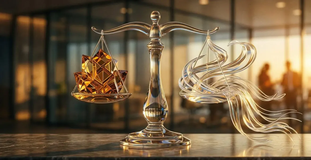 Balance symbolique en verre représentant l'équilibre entre distribution et capitalisation