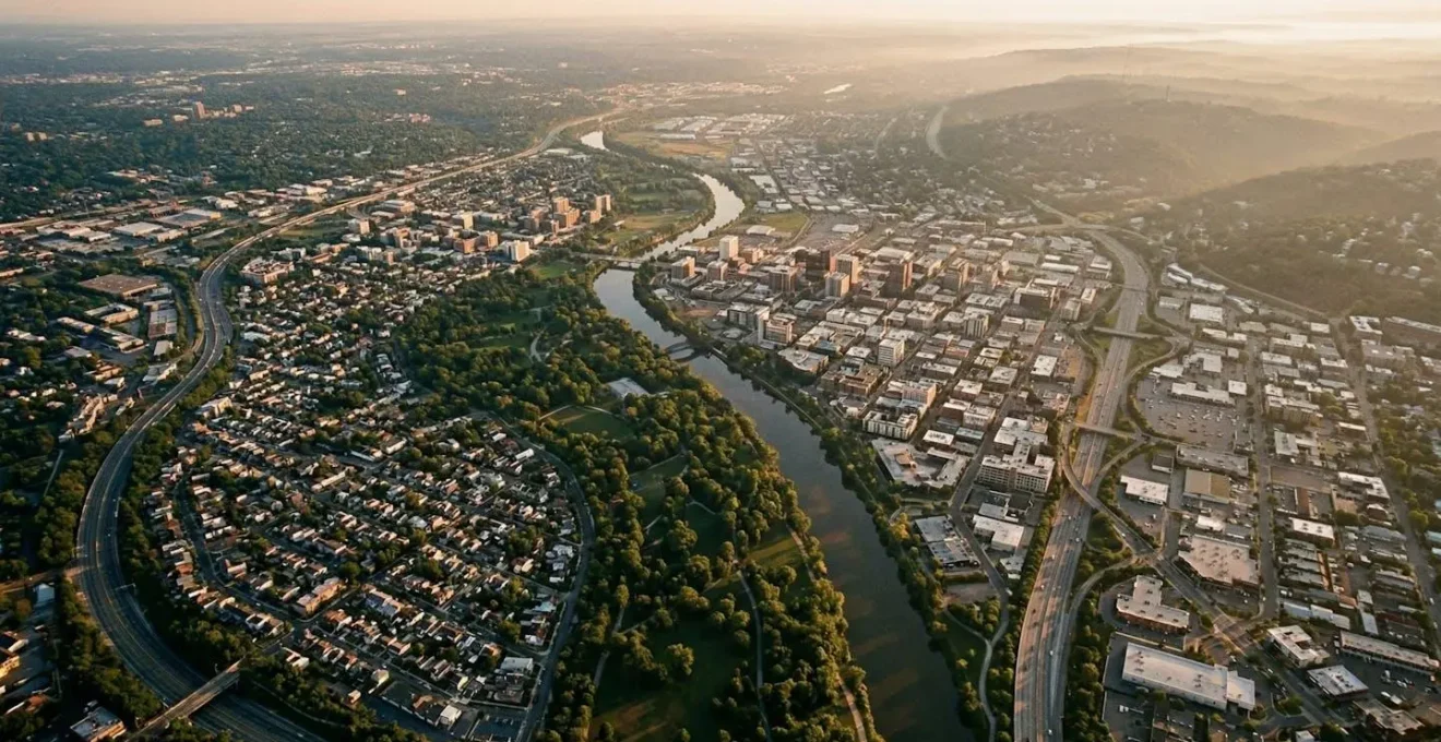 Vue aérienne d'une ville avec zones commerciales délimitées pour analyse territoriale