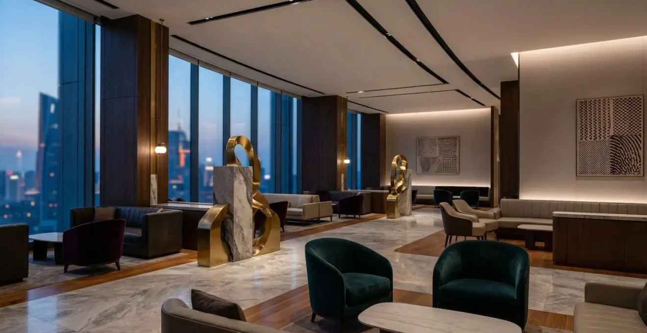 Espace VIP luxueux avec ambiance minimaliste et éclairage doré symbolisant l'exclusivité