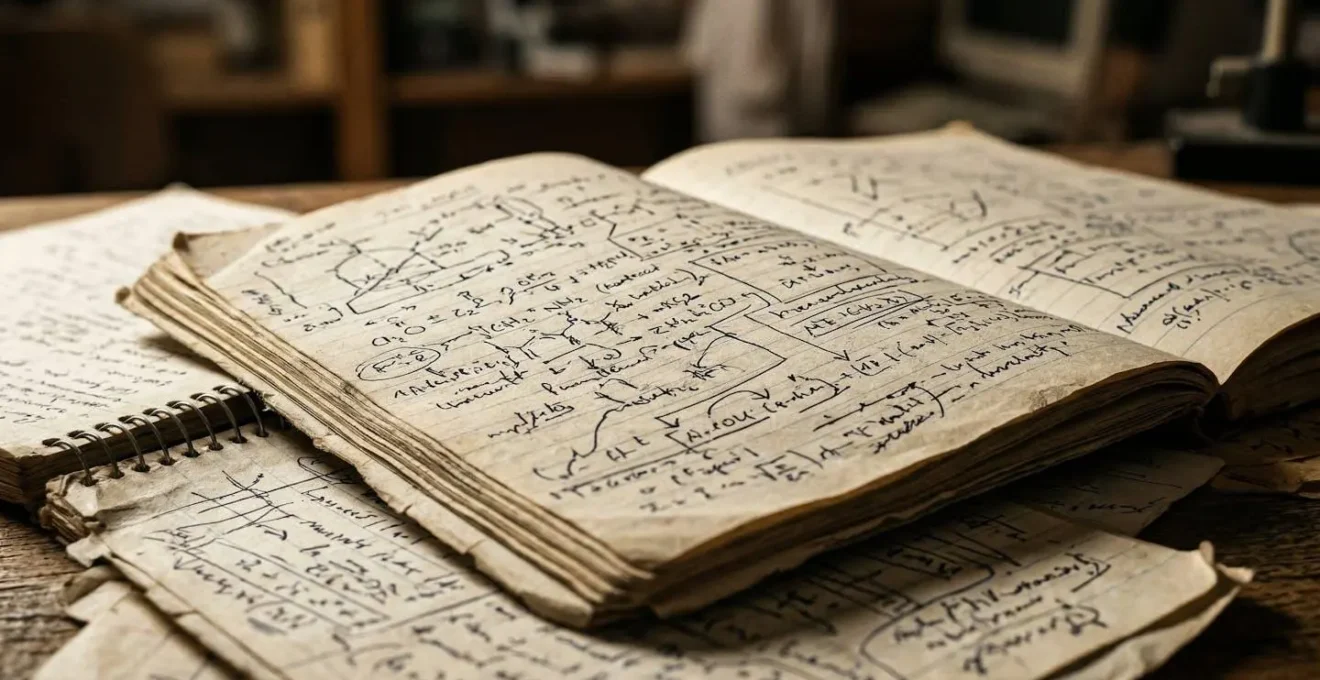 Bureau avec documents techniques et cahiers de recherche disposés méthodiquement