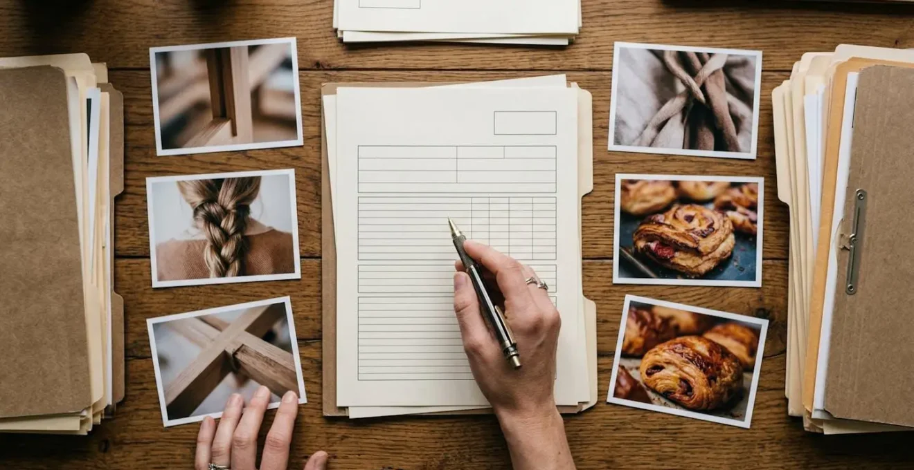 Bureau avec dossiers organisés et photos de réalisations artisanales pour constitution VAE
