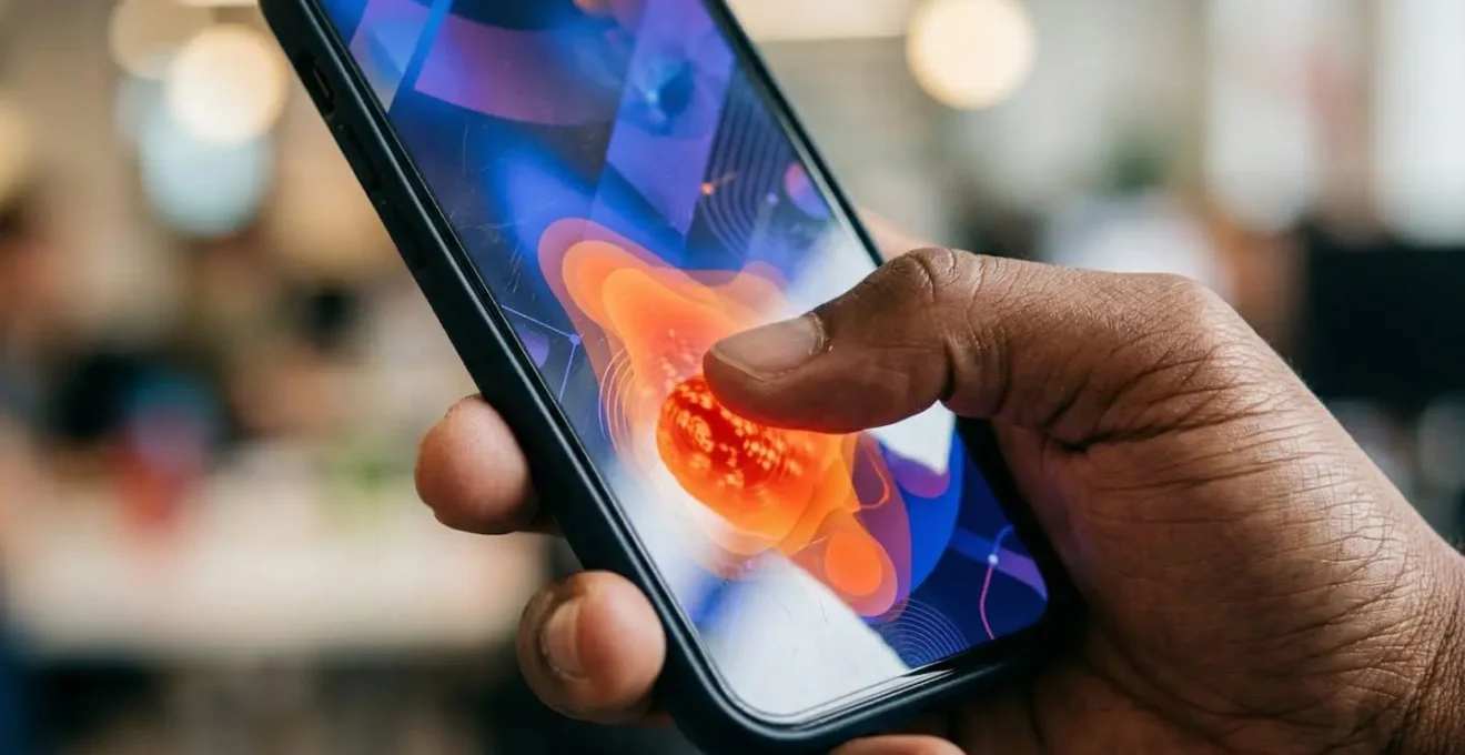 Gros plan sur une main tenant un smartphone avec zones d'interaction visualisées