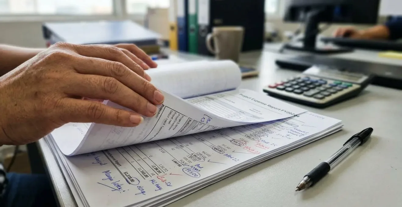Mains feuilletant un document comptable annoté avec un stylo posé à côté et une calculatrice visible en arrière-plan flouté