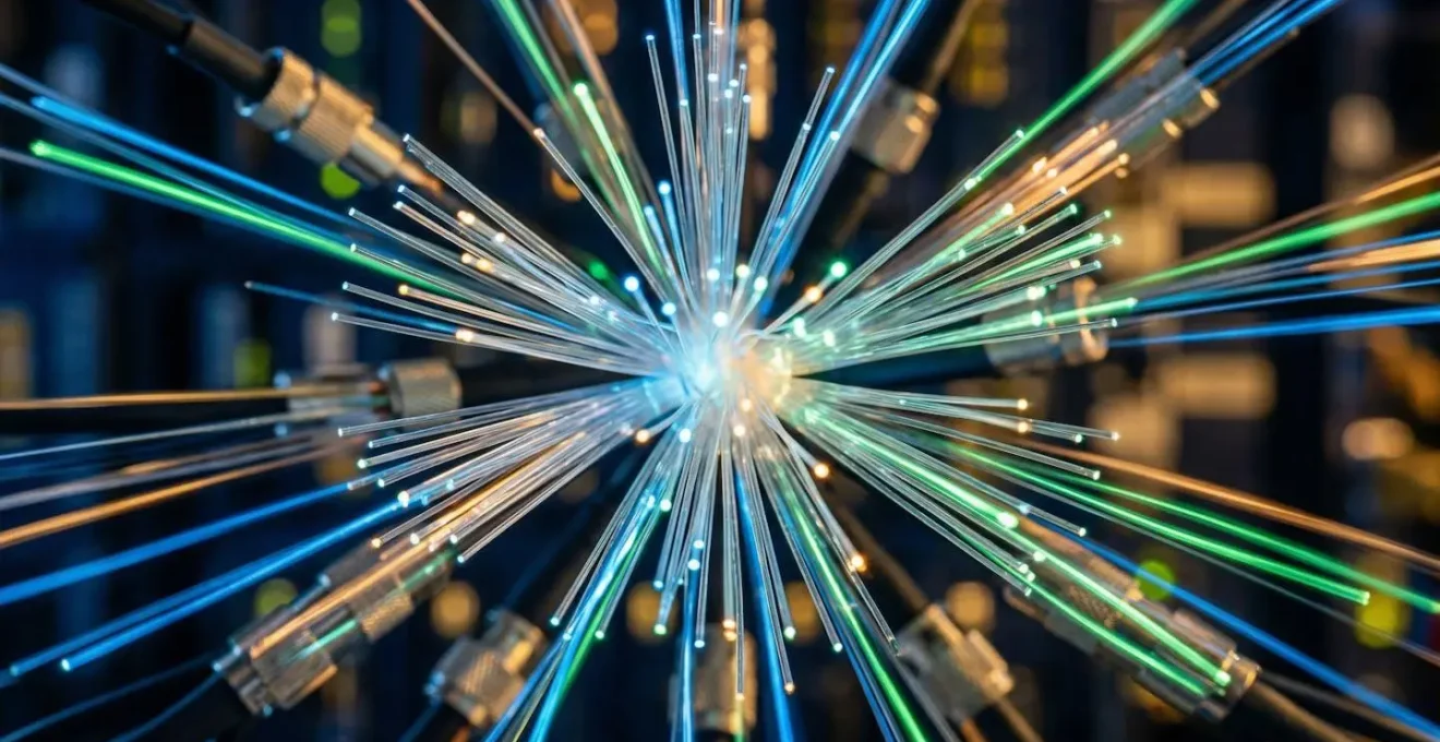 Visualisation abstraite de fibres optiques symbolisant la vitesse et la performance d'un thème e-commerce.
