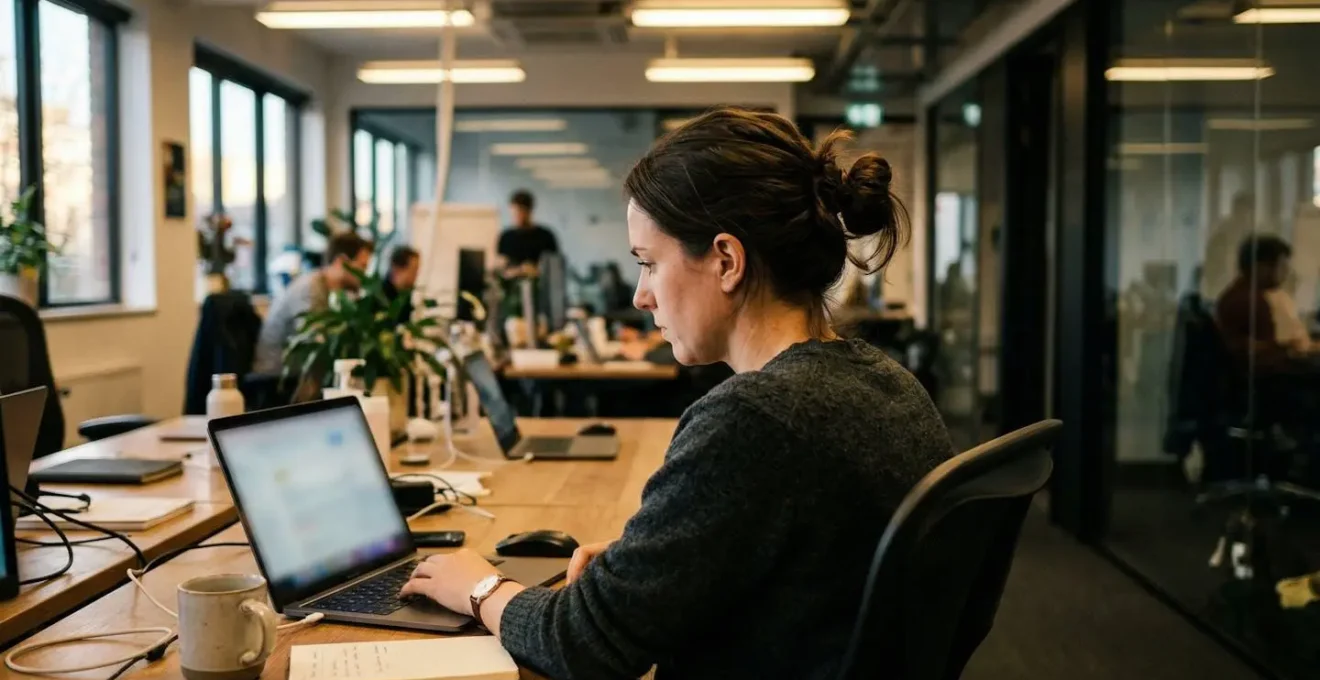 Personne seule devant un ordinateur portable dans un bureau open space, expression concentrée, écran totalement flouté