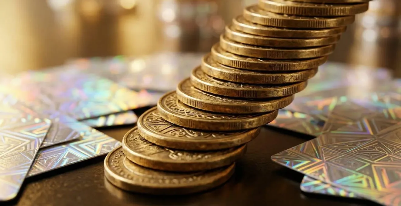 Vue macro d'éléments symbolisant la fidélité client avec pièces dorées et cartes de fidélité abstraites