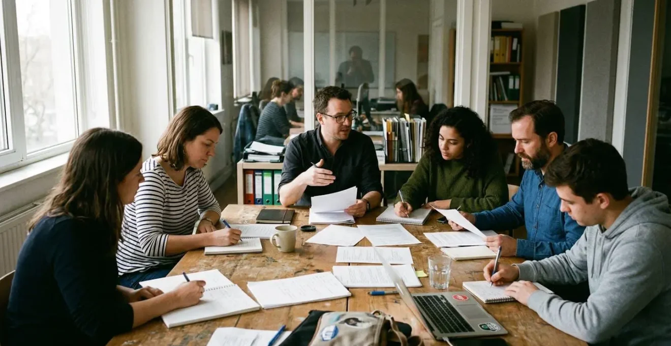 Groupe de salariés réunis autour d'une table de réunion, certains prenant des notes sur des documents éparpillés, dans une atmosphère de travail décontractée