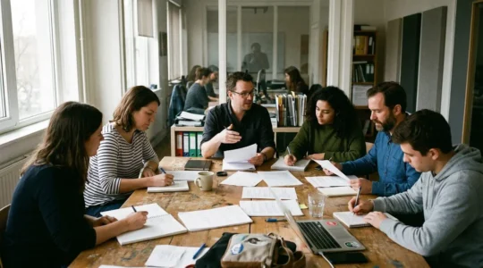 Groupe de salariés réunis autour d'une table de réunion, certains prenant des notes sur des documents éparpillés, dans une atmosphère de travail décontractée